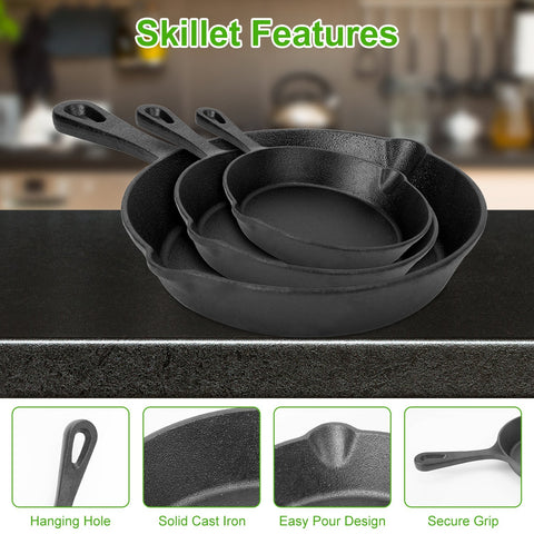 Premium Cast Iron Skillet Set (3-Pieces)