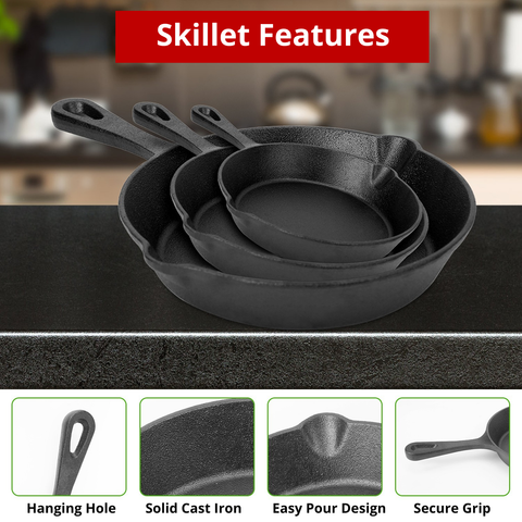 Premium Cast Iron Skillet Set (3-Pieces)